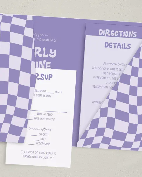This is a 5" x 7⅞" Pocket Wedding Invitation called The Karly printed in full color on Premium Smooth paper