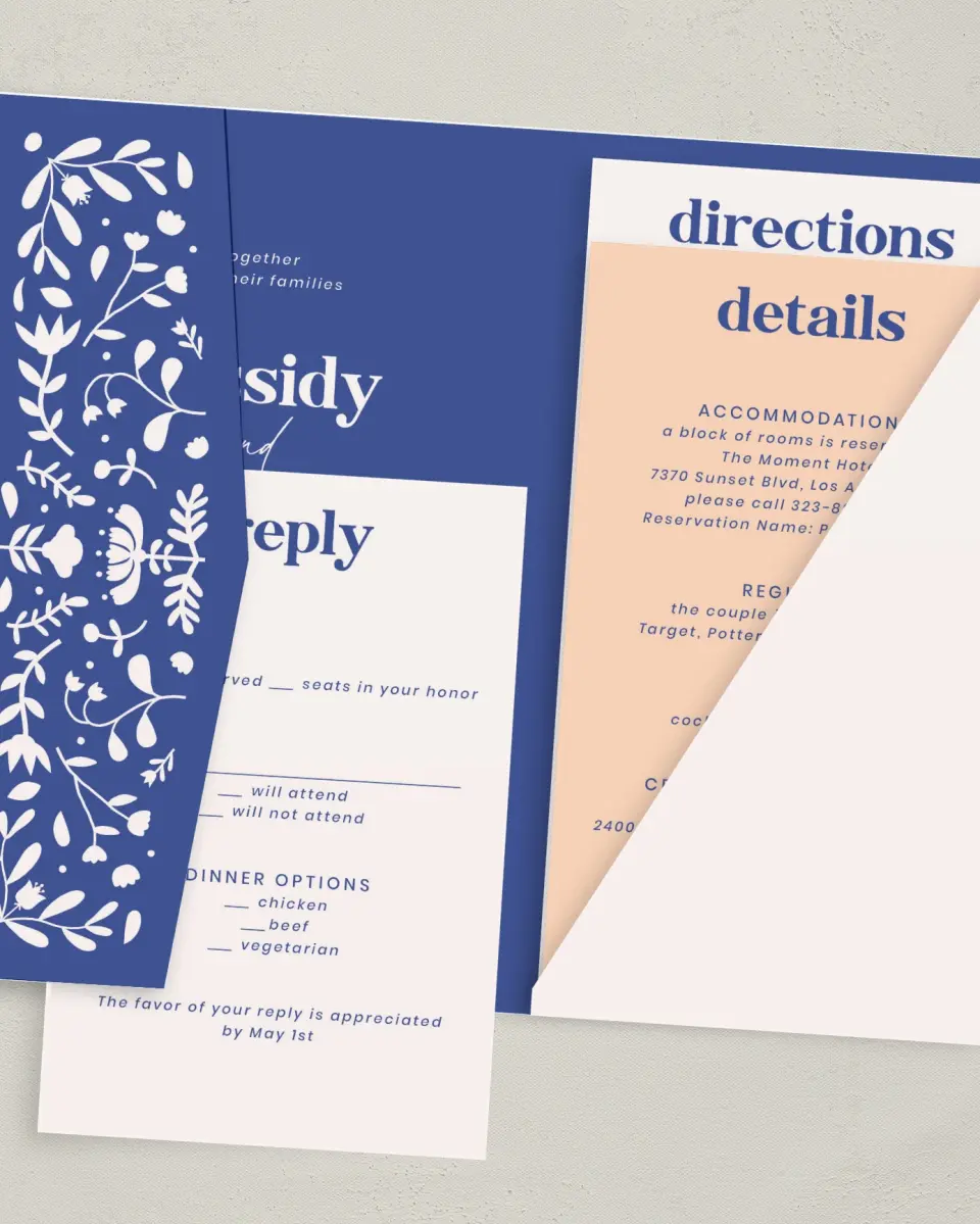 This is a 5" x 7⅞" Pocket Wedding Invitation called The Kassidy printed in full color with Gold foil on Luxe Satin (coated) paper