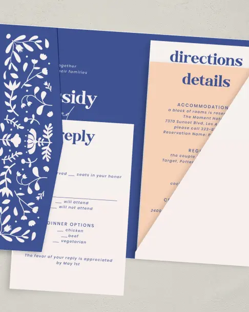 This is a 5" x 7⅞" Pocket Wedding Invitation called The Kassidy printed in full color on Premium Smooth paper