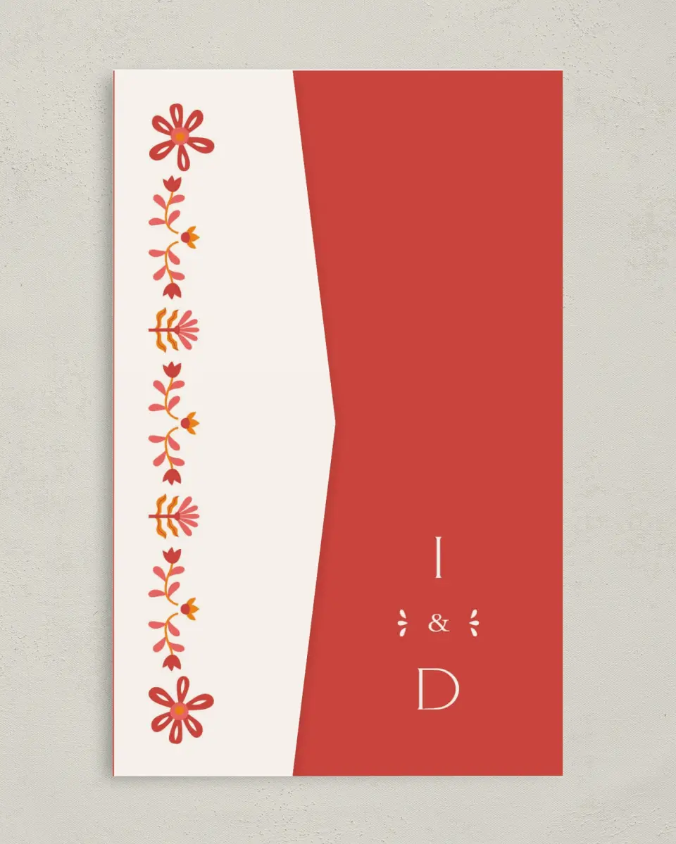 This is a 5" x 7⅞" Pocket Wedding Invitation called Folk Fiesta printed in full color on Premium Smooth paper