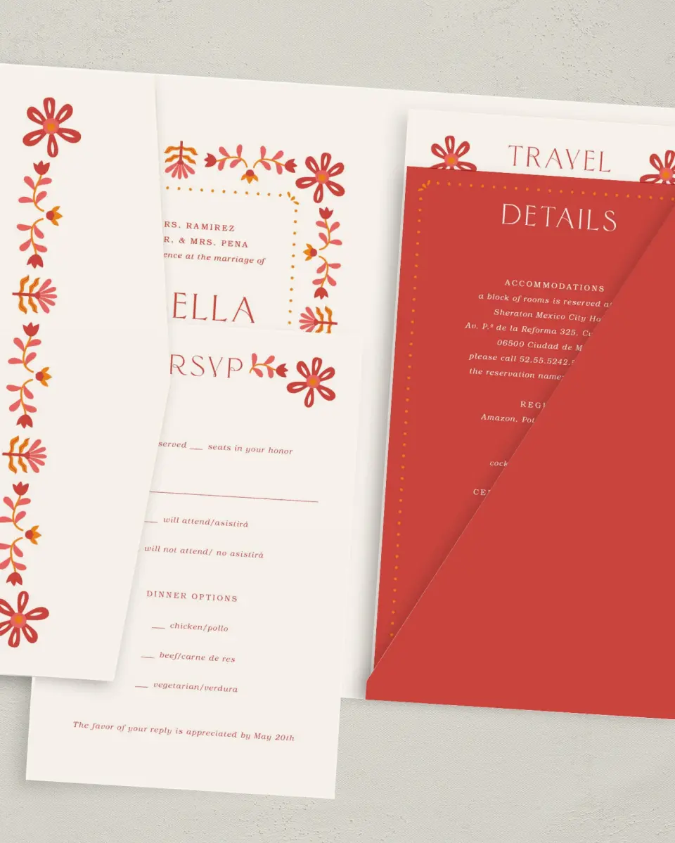This is a 5" x 7⅞" Pocket Wedding Invitation called Folk Fiesta printed in full color with Gold foil on Luxe Satin (coated) paper