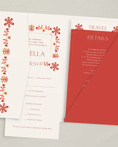 This is a 5" x 7⅞" Pocket Wedding Invitation called Folk Fiesta printed in full color on Premium Smooth paper