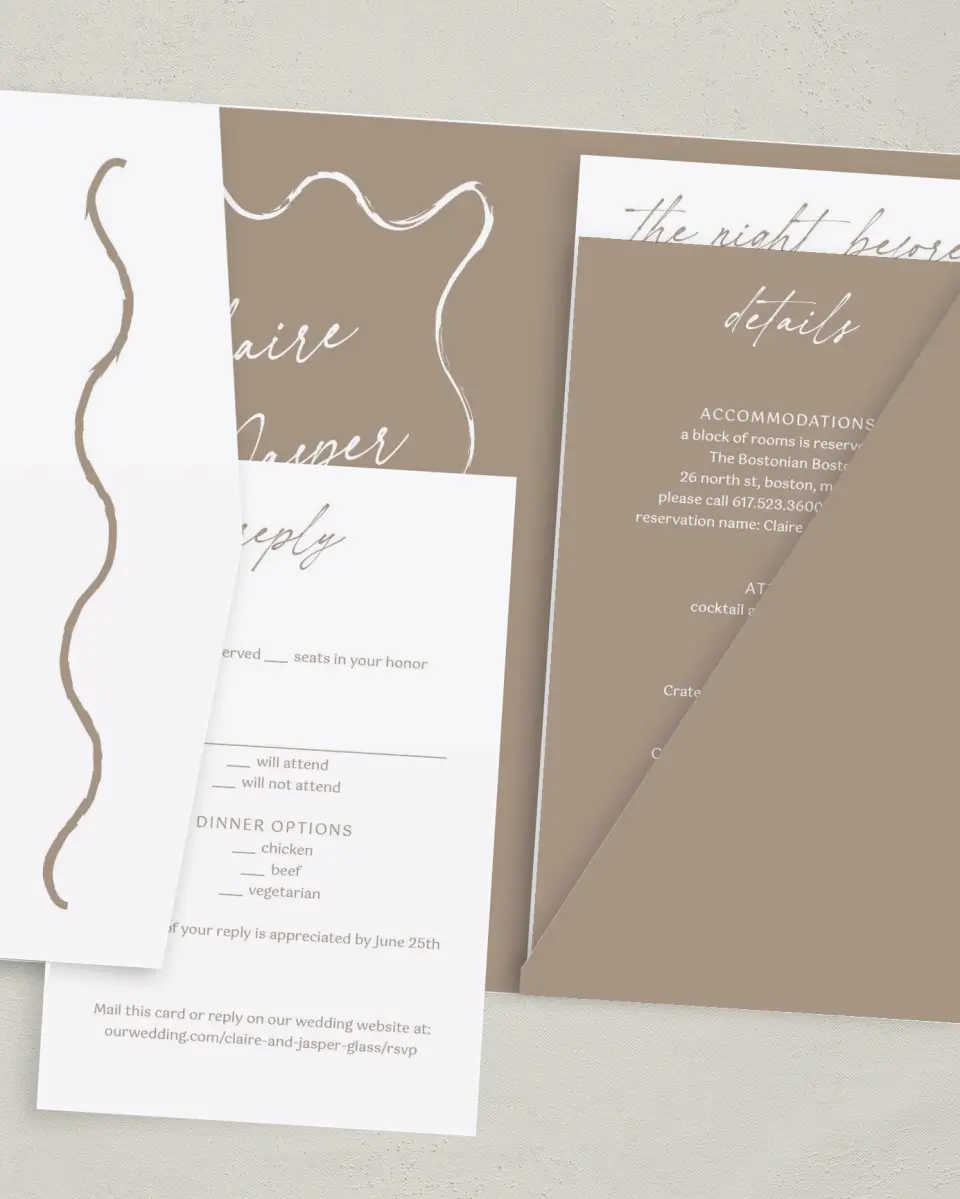 This is a 5" x 7⅞" Pocket Wedding Invitation called Romantic Sketch printed in full color with Gold foil on Luxe Satin (coated) paper