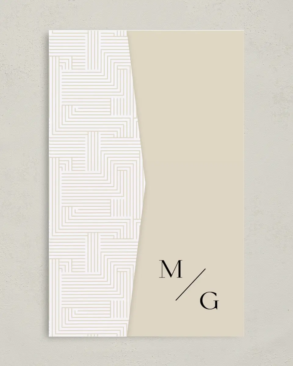 This is a 5" x 7⅞" Pocket Wedding Invitation called Love Maze printed in full color with Gold foil on Premium Smooth paper