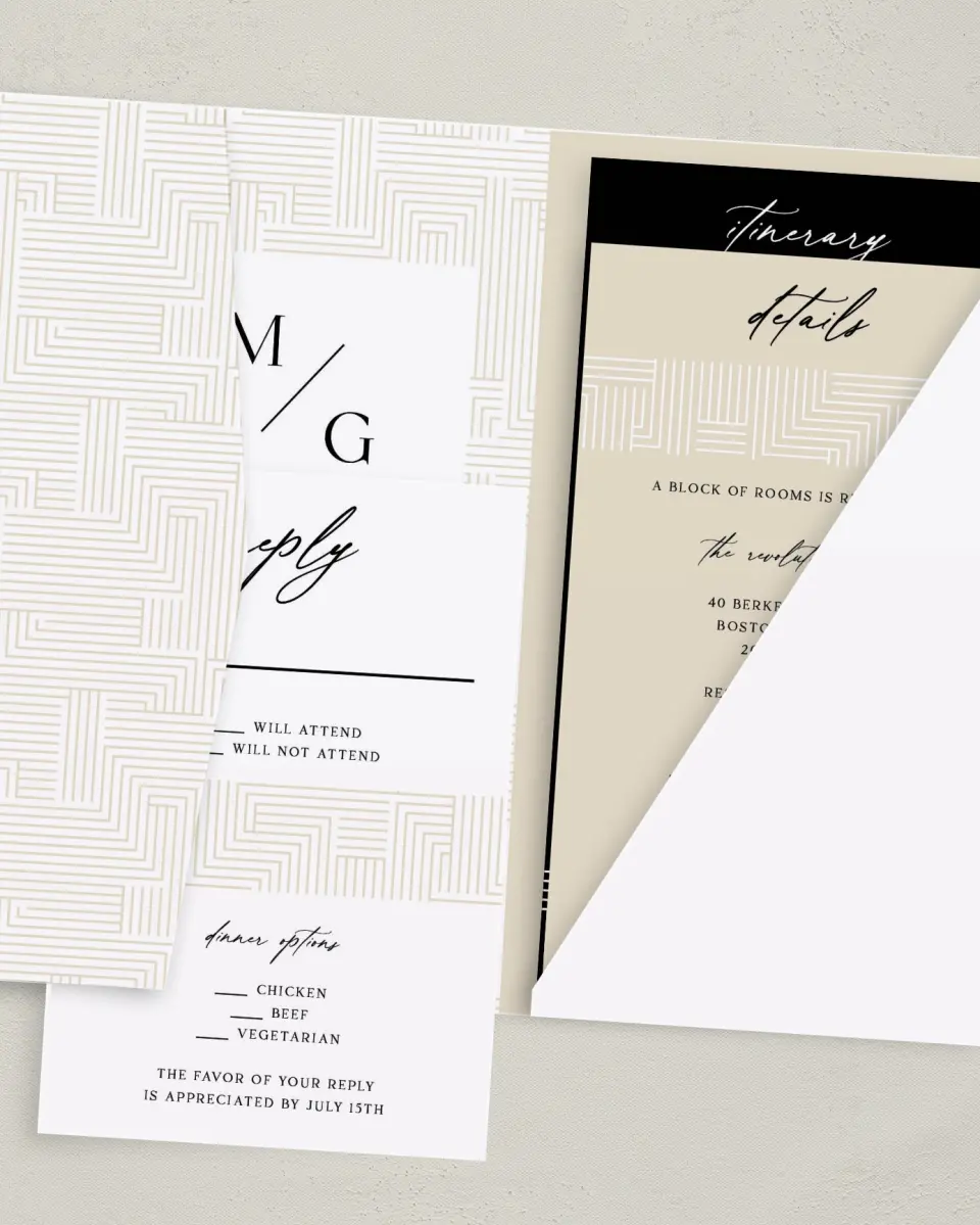 This is a 5" x 7⅞" Pocket Wedding Invitation called Love Maze printed in full color with Gold foil on Premium Smooth paper