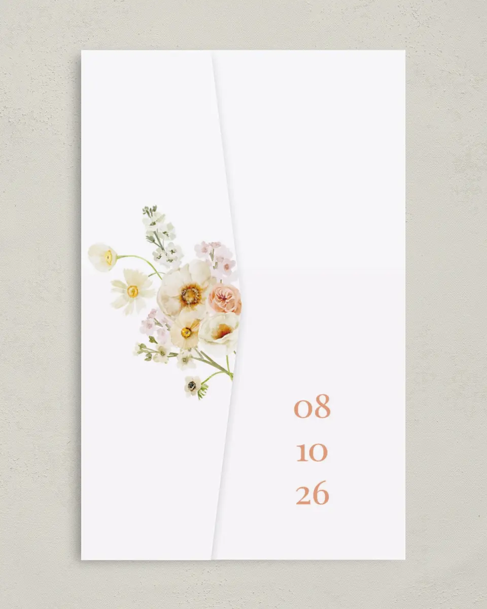 This is a 5" x 7⅞" Pocket Wedding Invitation called Warm Wildflowers printed in full color on Premium Smooth paper