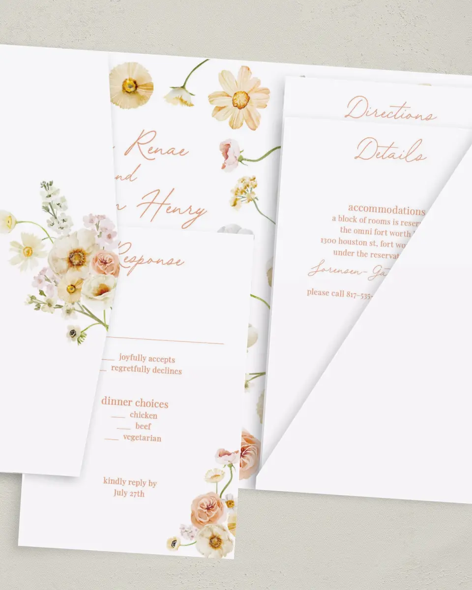 This is a 5" x 7⅞" Pocket Wedding Invitation called Warm Wildflowers printed in full color with Gold foil on Luxe Satin (coated) paper