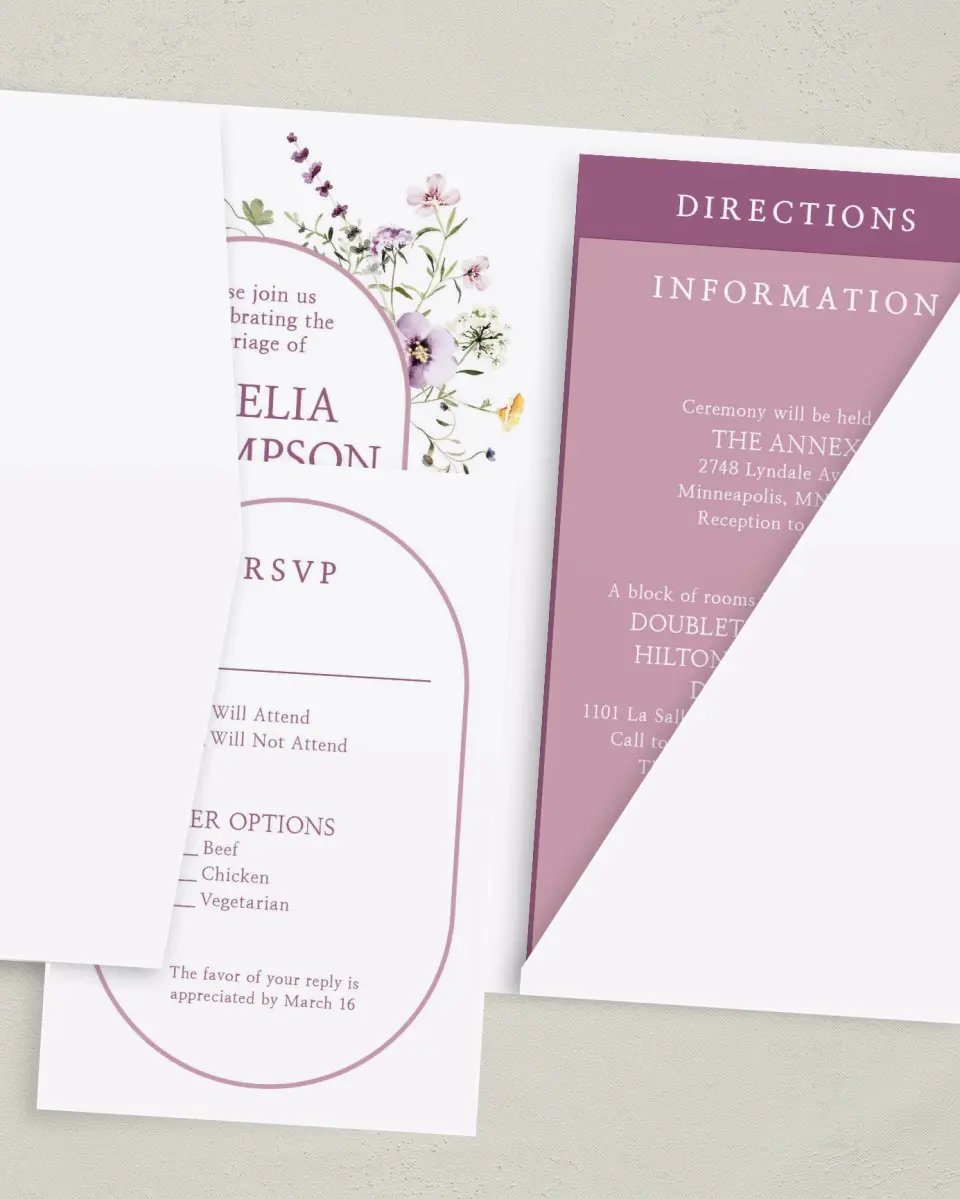 This is a 5" x 7⅞" Pocket Wedding Invitation called Whimsy Fairytale printed in full color with Gold foil on Luxe Satin (coated) paper