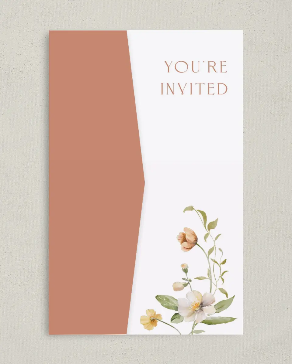 This is a 5" x 7⅞" Pocket Wedding Invitation called Delicate Garden printed in full color on Premium Smooth paper