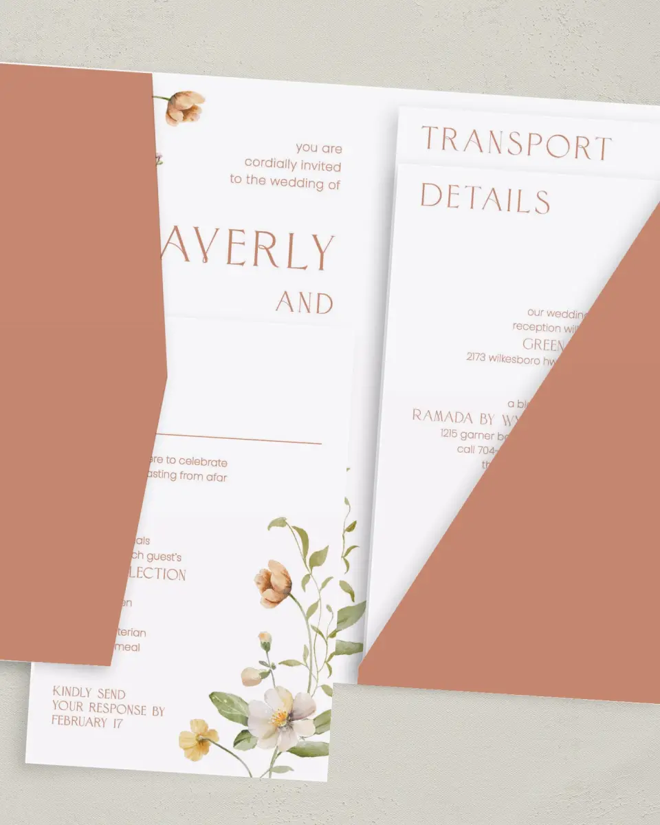 This is a 5" x 7⅞" Pocket Wedding Invitation called Delicate Garden printed in full color with Gold foil on Luxe Satin (coated) paper
