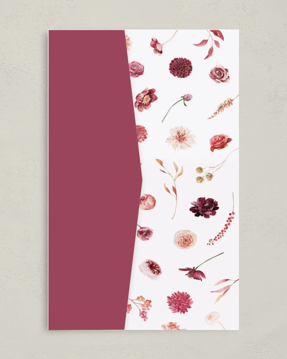 This is a 5" x 7⅞" Pocket Wedding Invitation called Mauvelous printed in full color on Premium Smooth paper