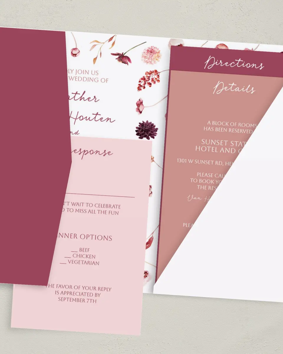 This is a 5" x 7⅞" Pocket Wedding Invitation called Mauvelous printed in full color with Gold foil on Luxe Satin (coated) paper