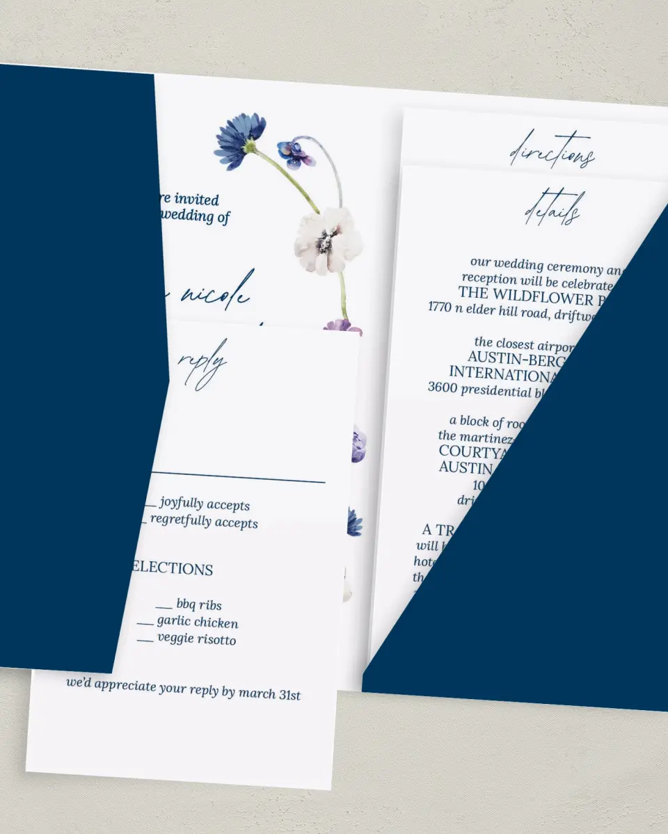 This is a 5" x 7⅞" Pocket Wedding Invitation called Wildest Dream printed in full color with Gold foil on Luxe Satin (coated) paper