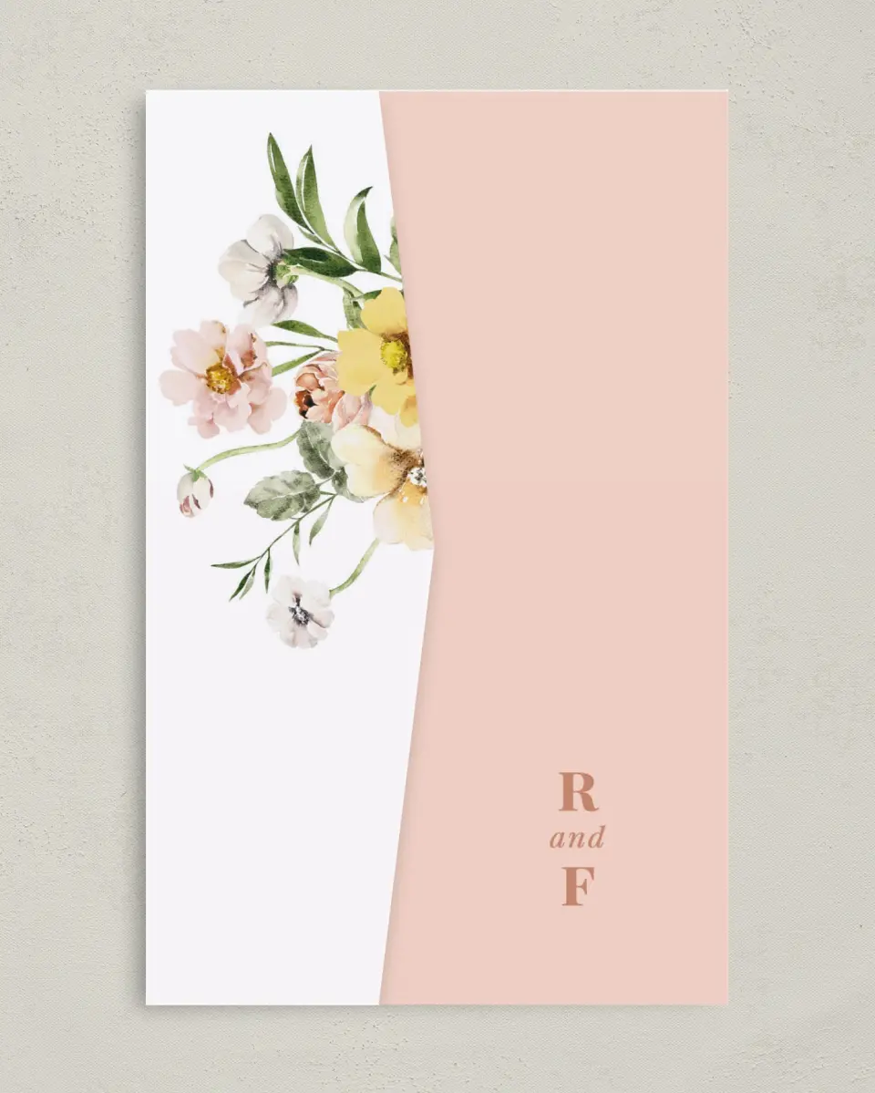 This is a 5" x 7⅞" Pocket Wedding Invitation called Gorgeous Blush printed in full color on Premium Smooth paper