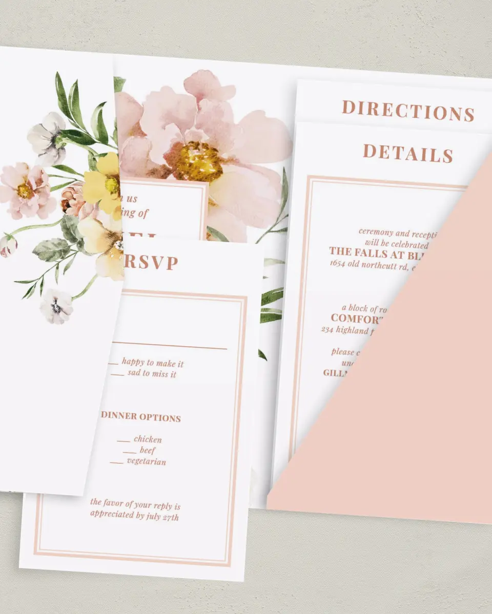 This is a 5" x 7⅞" Pocket Wedding Invitation called Gorgeous Blush printed in full color with Gold foil on Luxe Satin (coated) paper