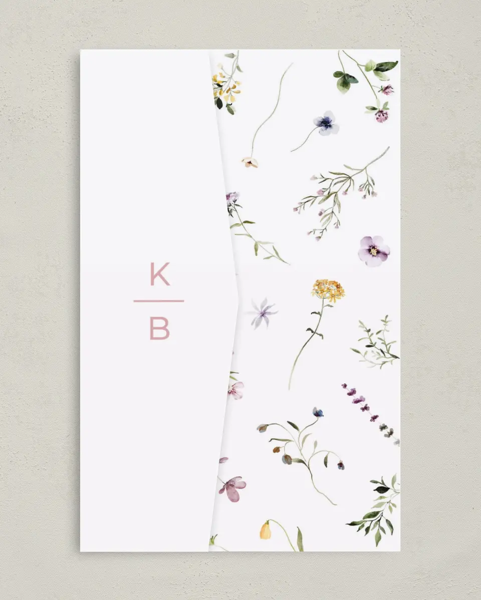 This is a 5" x 7⅞" Pocket Wedding Invitation called Efflorescence printed in full color on Premium Smooth paper