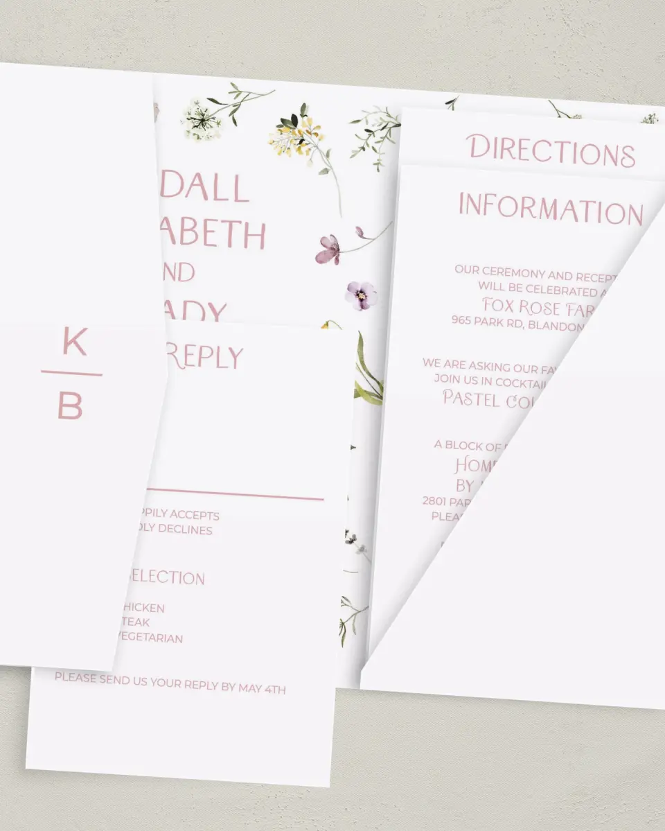 This is a 5" x 7⅞" Pocket Wedding Invitation called Efflorescence printed in full color with Gold foil on Luxe Satin (coated) paper