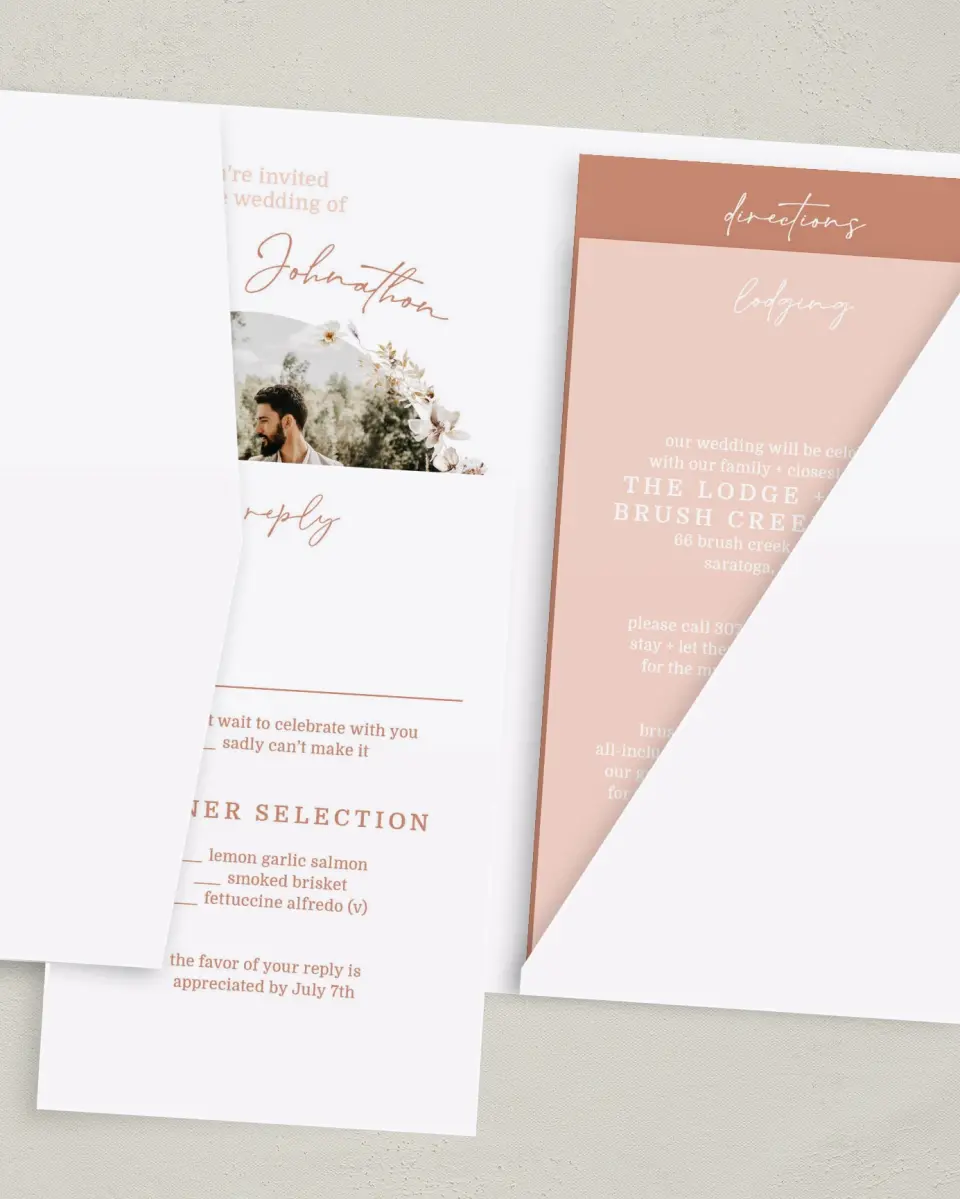 This is a 5" x 7⅞" Pocket Wedding Invitation called Petal Perfect printed in full color with Gold foil on Luxe Satin (coated) paper