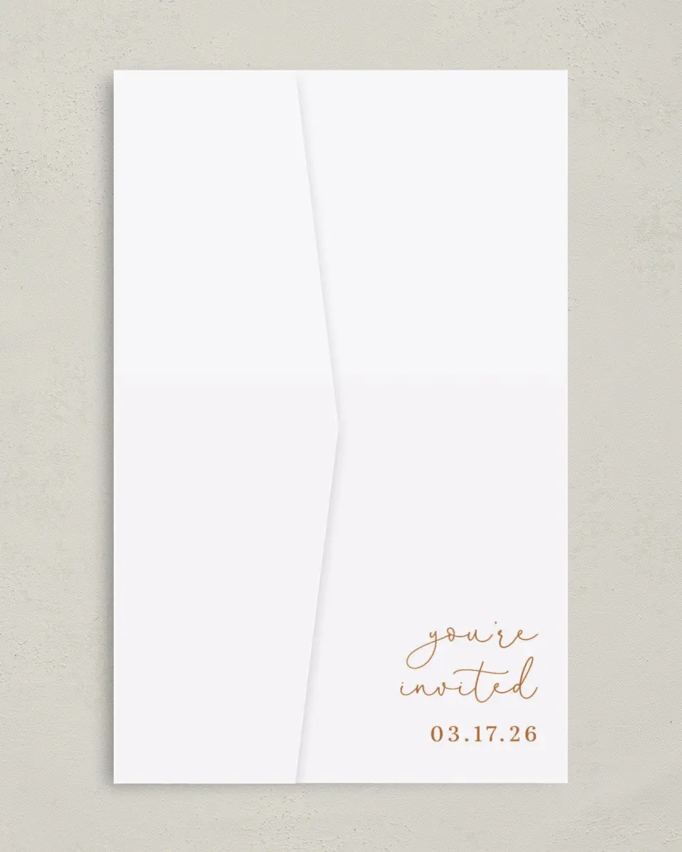 This is a 5" x 7⅞" Pocket Wedding Invitation called Sultry Sunshine printed in full color on Premium Smooth paper