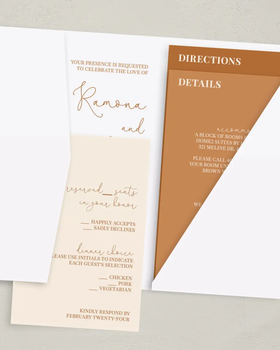 This is a 5" x 7⅞" Pocket Wedding Invitation called Sultry Sunshine printed in full color with Gold foil on Luxe Satin (coated) paper