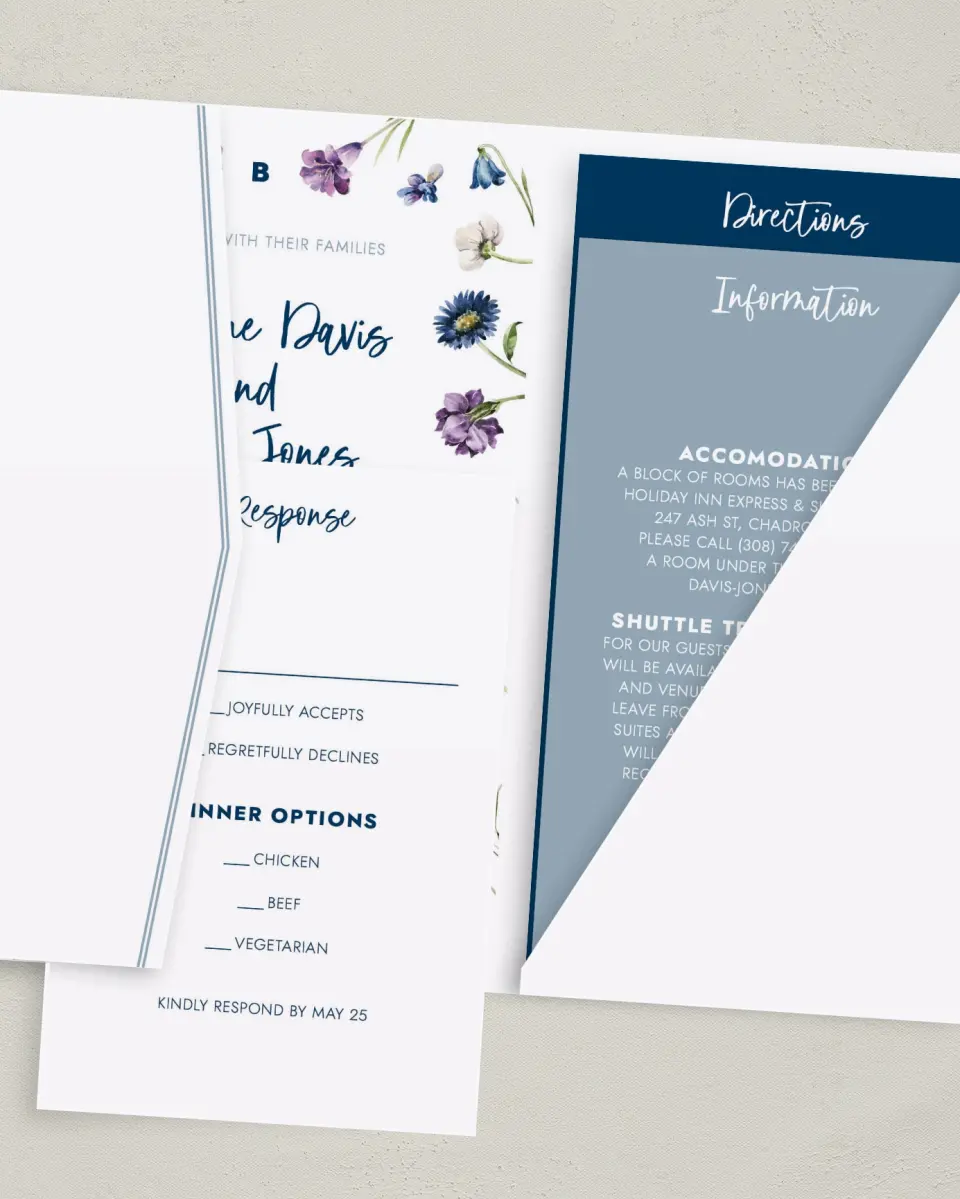 This is a 5" x 7⅞" Pocket Wedding Invitation called Abundant Blue printed in full color with Gold foil on Luxe Satin (coated) paper