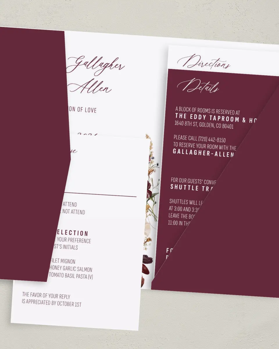 This is a 5" x 7⅞" Pocket Wedding Invitation called Harvest Meadows printed in full color with Gold foil on Luxe Satin (coated) paper