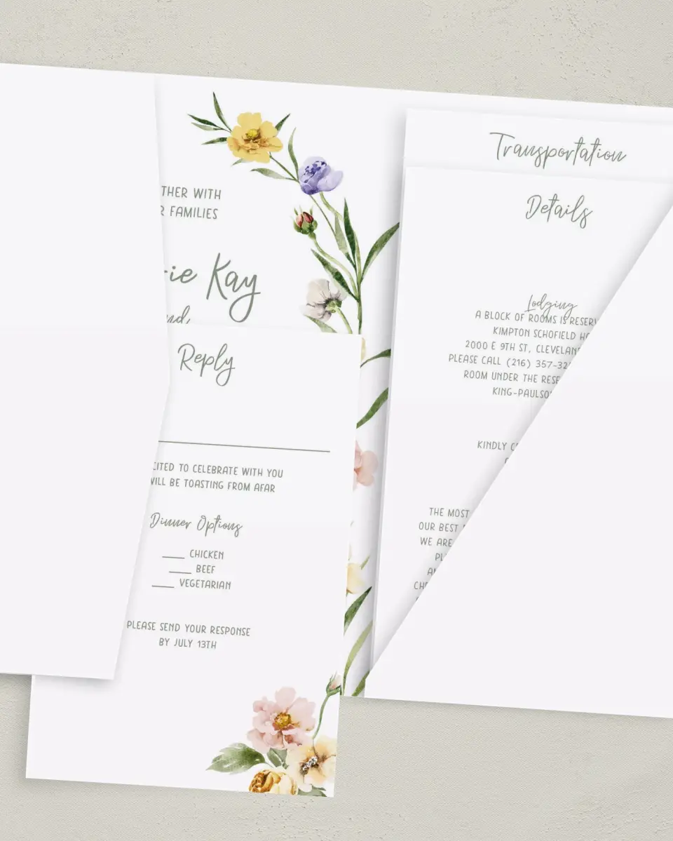 This is a 5" x 7⅞" Pocket Wedding Invitation called Hopeful Floral printed in full color with Gold foil on Luxe Satin (coated) paper