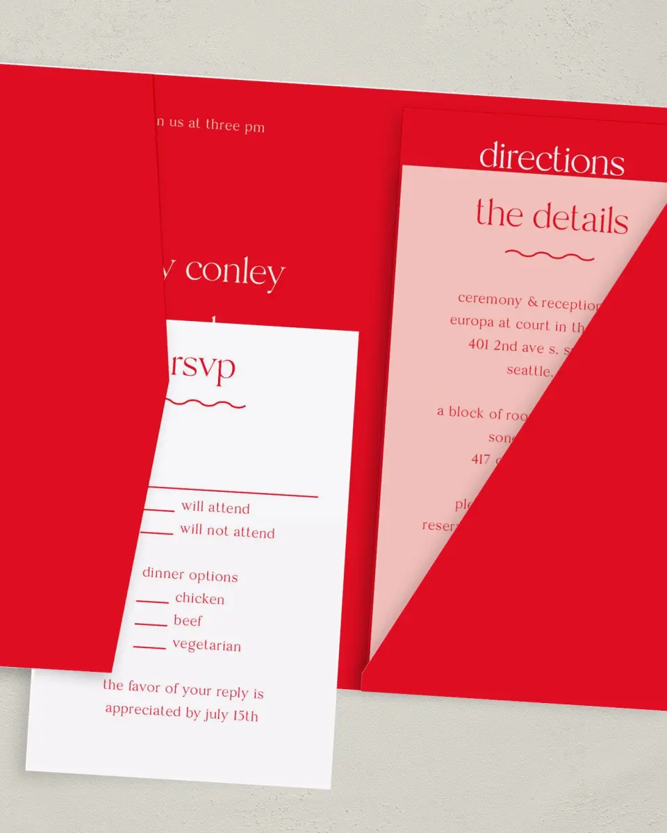This is a 5" x 7⅞" Pocket Wedding Invitation called The Delaney printed in full color with Gold foil on Luxe Satin (coated) paper