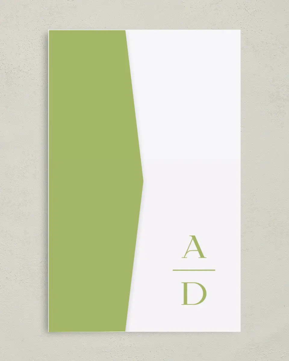 This is a 5" x 7⅞" Pocket Wedding Invitation called The Abigail printed in full color on Premium Smooth paper