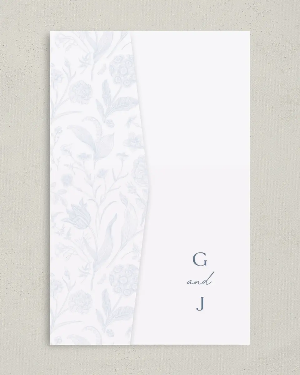 This is a 5" x 7⅞" Pocket Wedding Invitation called The Gabriella printed in full color on Premium Smooth paper