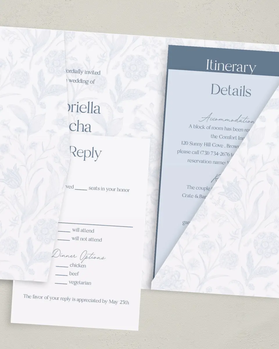 This is a 5" x 7⅞" Pocket Wedding Invitation called The Gabriella printed in full color with Gold foil on Luxe Satin (coated) paper