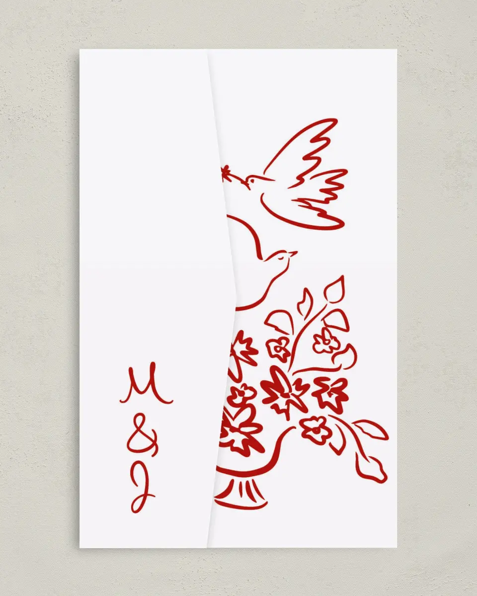 This is a 5" x 7⅞" Pocket Wedding Invitation called Love Birds printed in full color on Premium Smooth paper