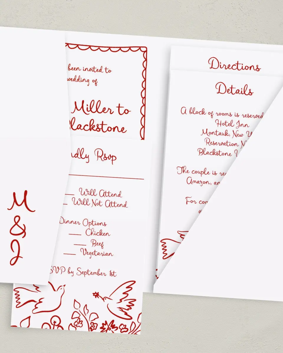 This is a 5" x 7⅞" Pocket Wedding Invitation called Love Birds printed in full color with Gold foil on Luxe Satin (coated) paper