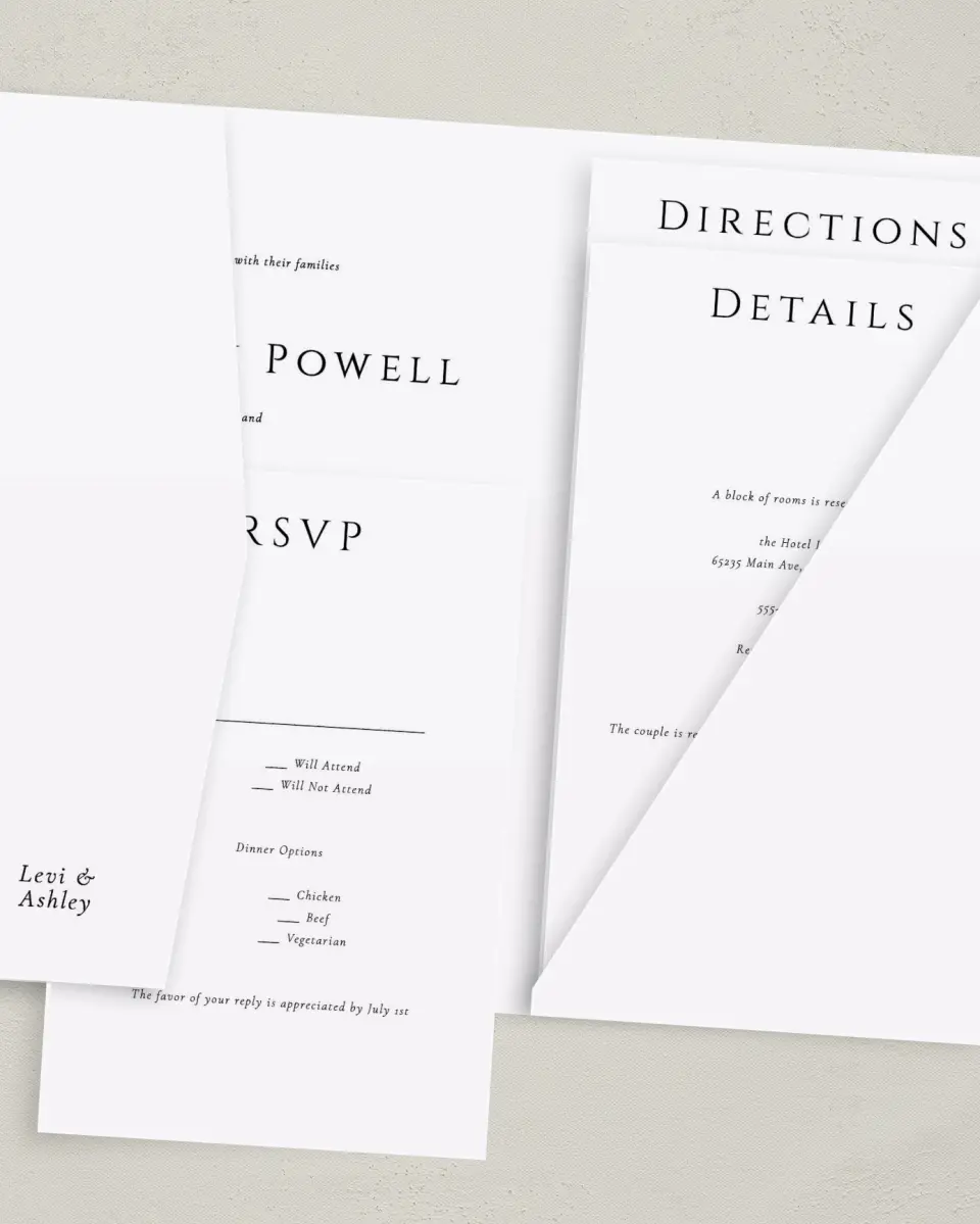 This is a 5" x 7⅞" Pocket Wedding Invitation called Classic Romance printed in full color with Gold foil on Luxe Satin (coated) paper