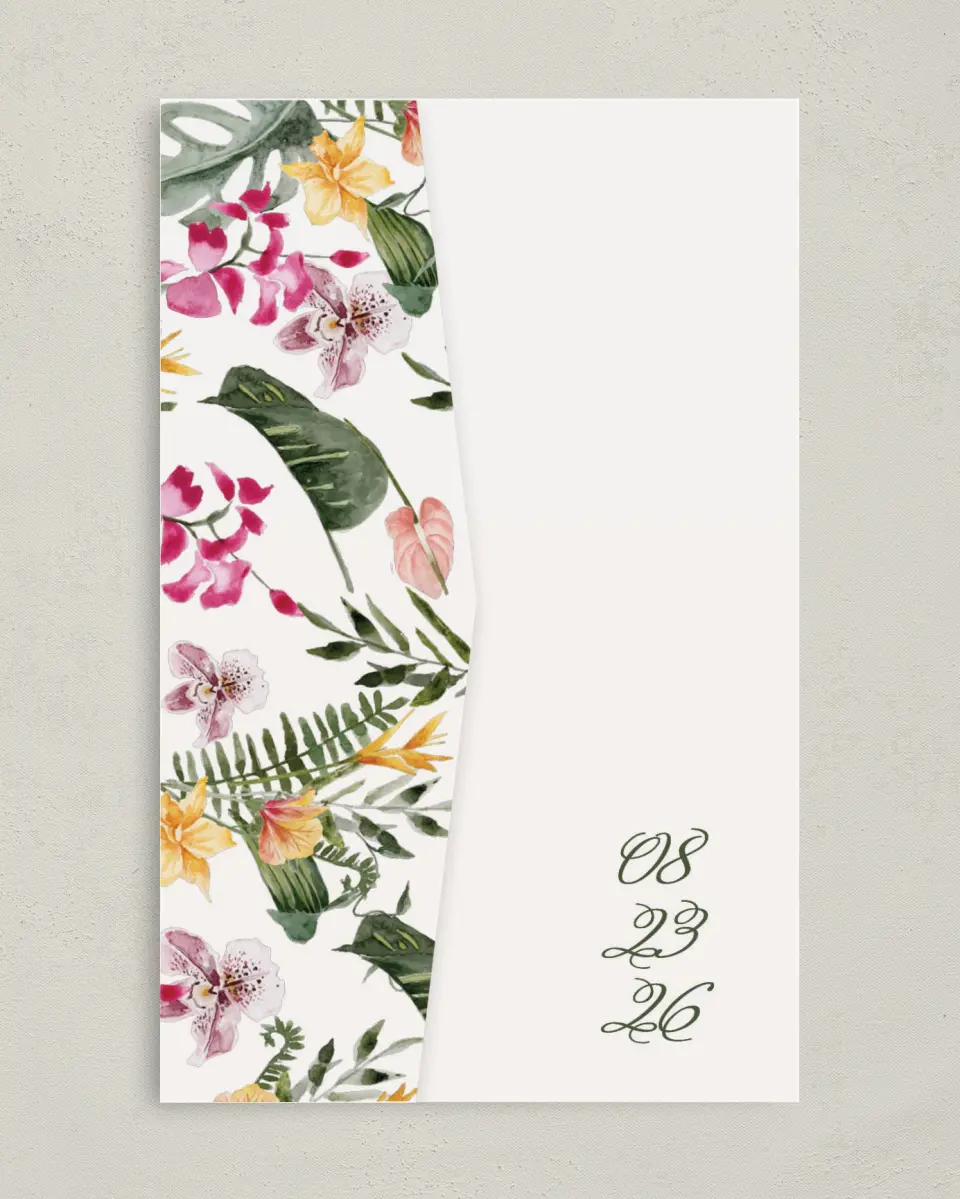 This is a 5" x 7⅞" Pocket Wedding Invitation called Aloha Amore printed in full color on Premium Smooth paper