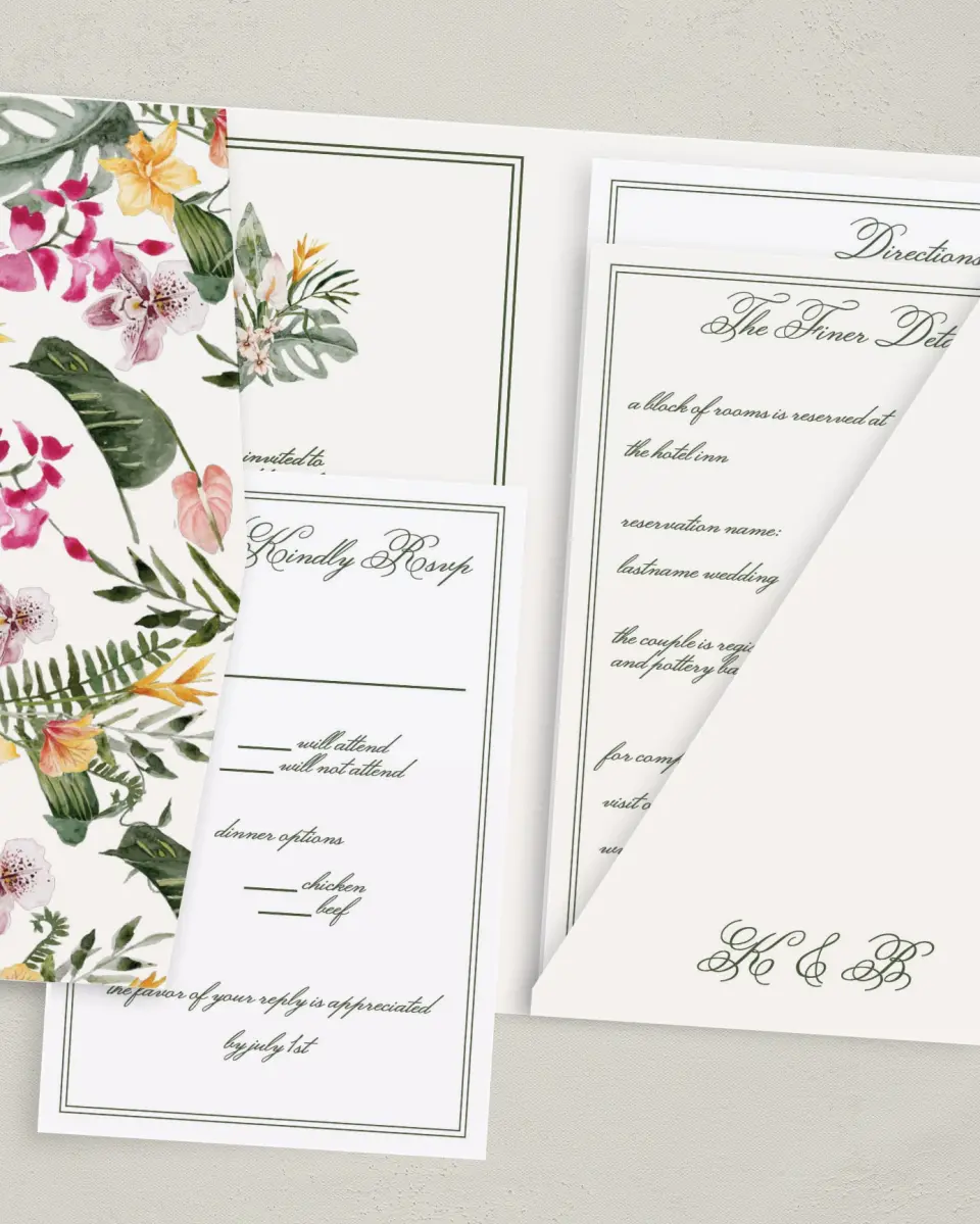 This is a 5" x 7⅞" Pocket Wedding Invitation called Aloha Amore printed in full color with Gold foil on Luxe Satin (coated) paper