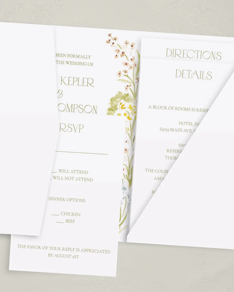 This is a 5" x 7⅞" Pocket Wedding Invitation called Forever in Bloom printed in full color with Gold foil on Luxe Satin (coated) paper