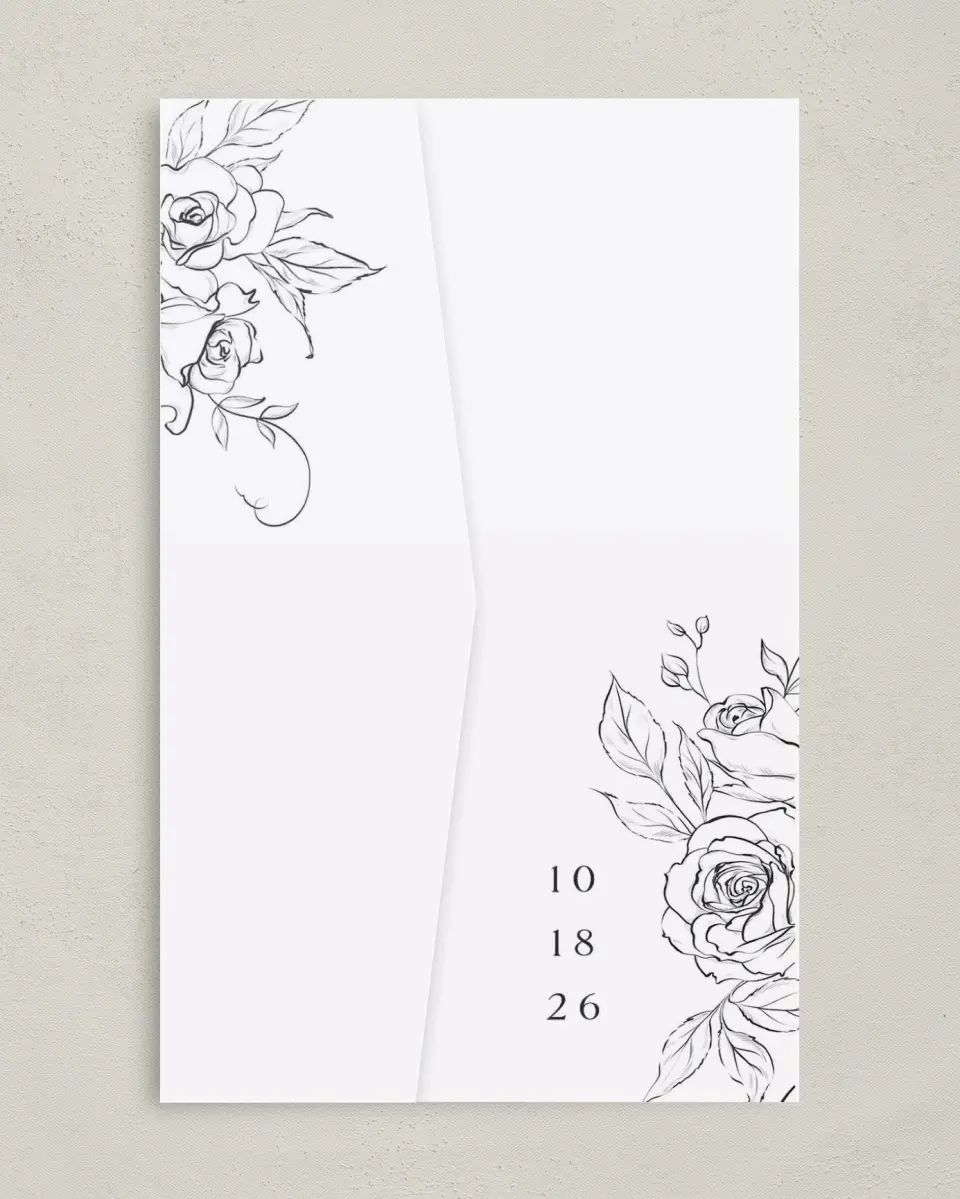 This is a 5" x 7⅞" Pocket Wedding Invitation called The Anabelle printed in full color on Premium Smooth paper