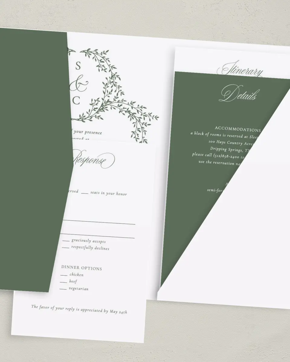This is a 5" x 7⅞" Pocket Wedding Invitation called Elegant Frame printed in full color with Rose Gold foil on Luxe Satin (coated) paper