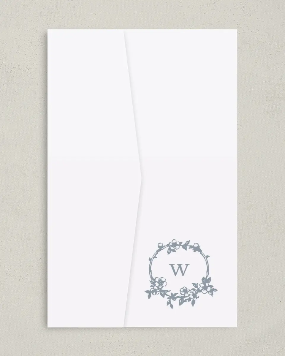 This is a 5" x 7⅞" Pocket Wedding Invitation called Flowering Frame printed in full color on Premium Smooth paper