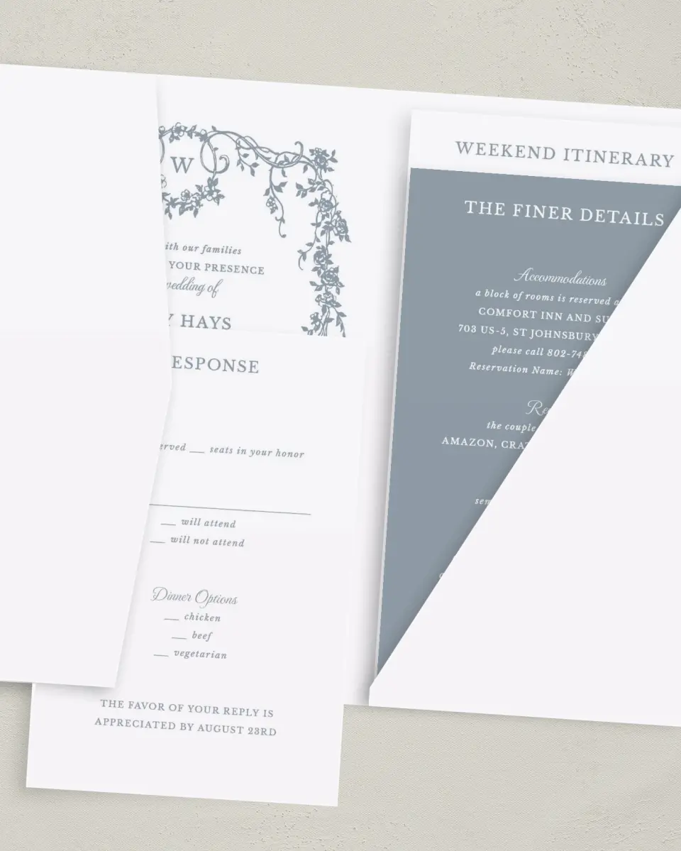 This is a 5" x 7⅞" Pocket Wedding Invitation called Flowering Frame printed in full color with Gold foil on Luxe Satin (coated) paper