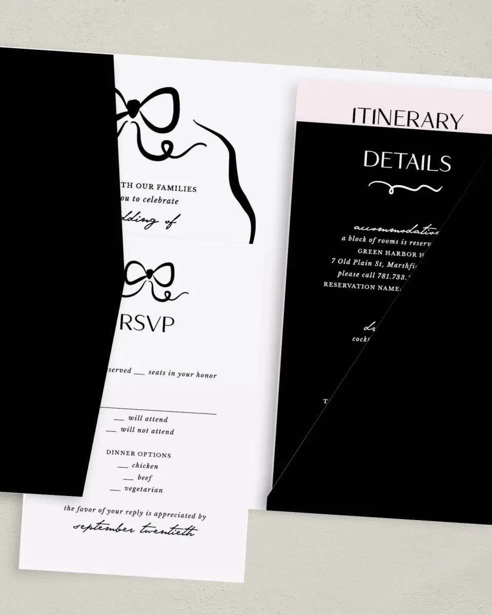This is a 5" x 7⅞" Pocket Wedding Invitation called The Madison printed in full color with Gold foil on Luxe Satin (coated) paper
