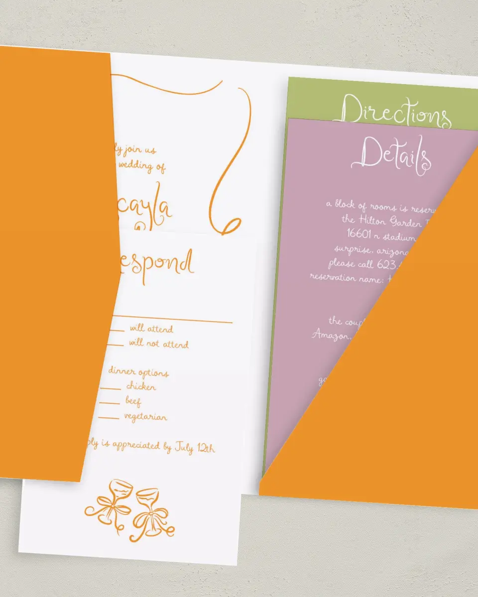 This is a 5" x 7⅞" Pocket Wedding Invitation called The Micayla printed in full color with Gold foil on Luxe Satin (coated) paper
