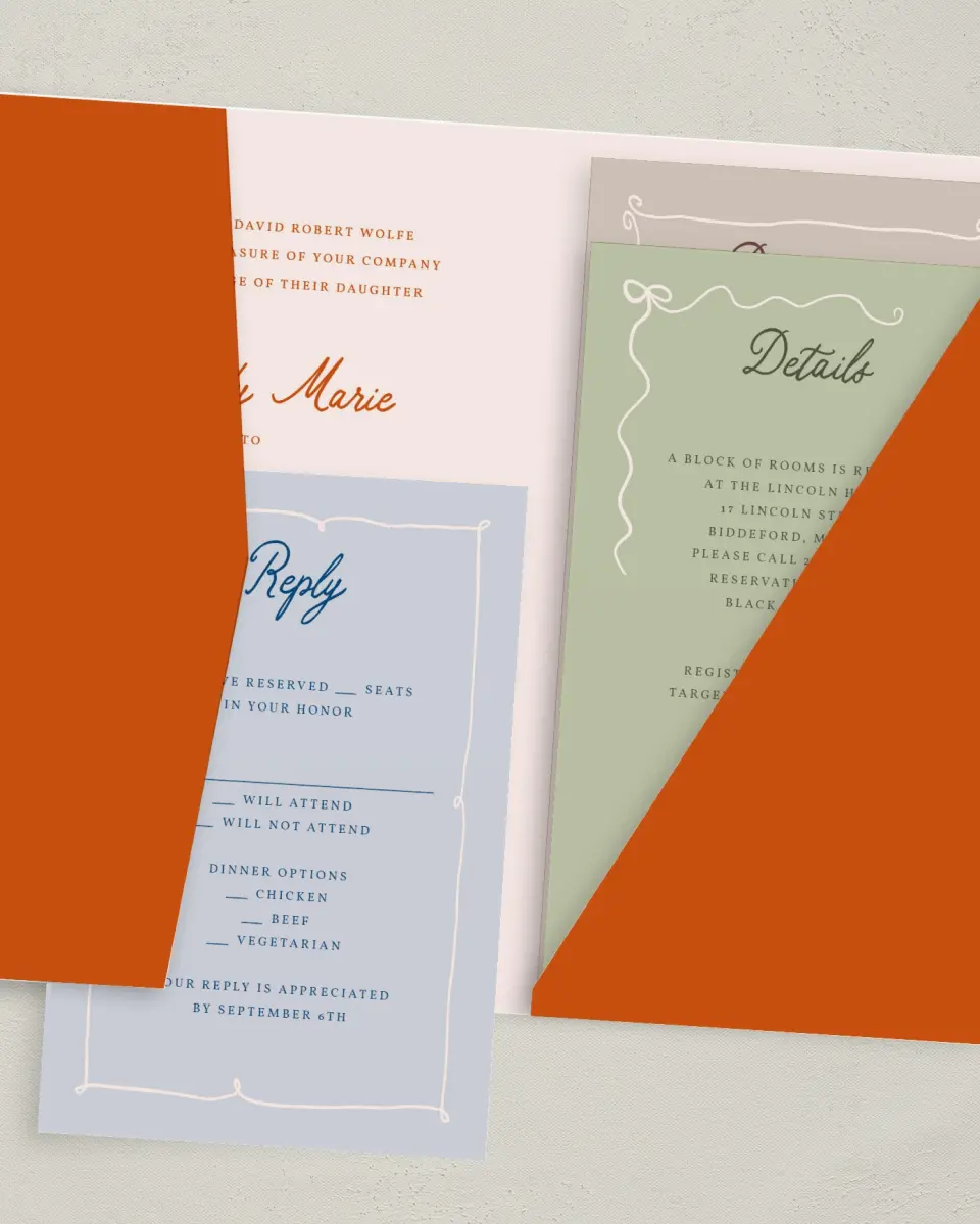 This is a 5" x 7⅞" Pocket Wedding Invitation called The Kennedy printed in full color with Gold foil on Luxe Satin (coated) paper