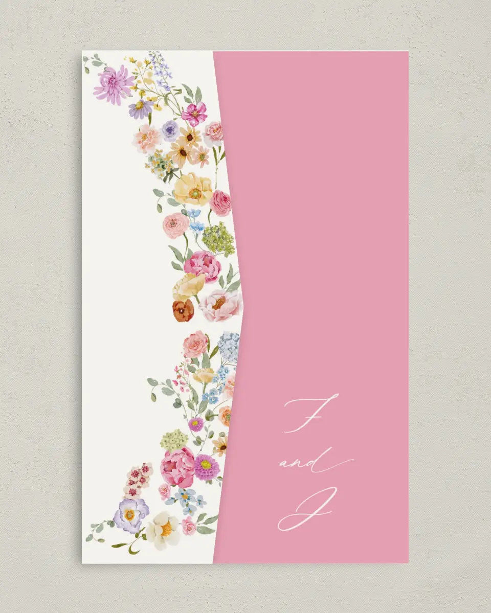 This is a 5" x 7⅞" Pocket Wedding Invitation called The Florence printed in full color on Premium Smooth paper