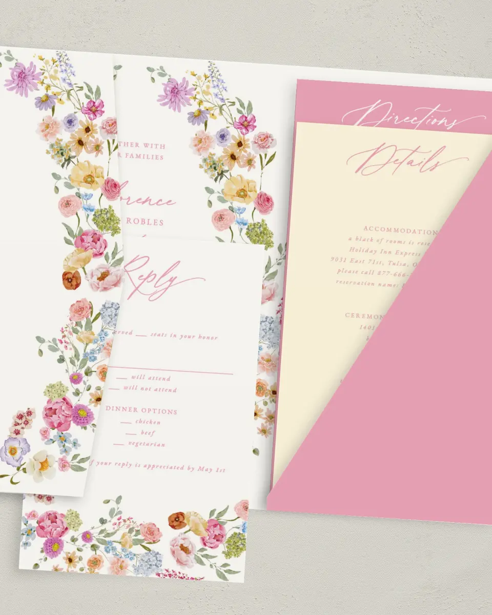 This is a 5" x 7⅞" Pocket Wedding Invitation called The Florence printed in full color with Gold foil on Luxe Satin (coated) paper