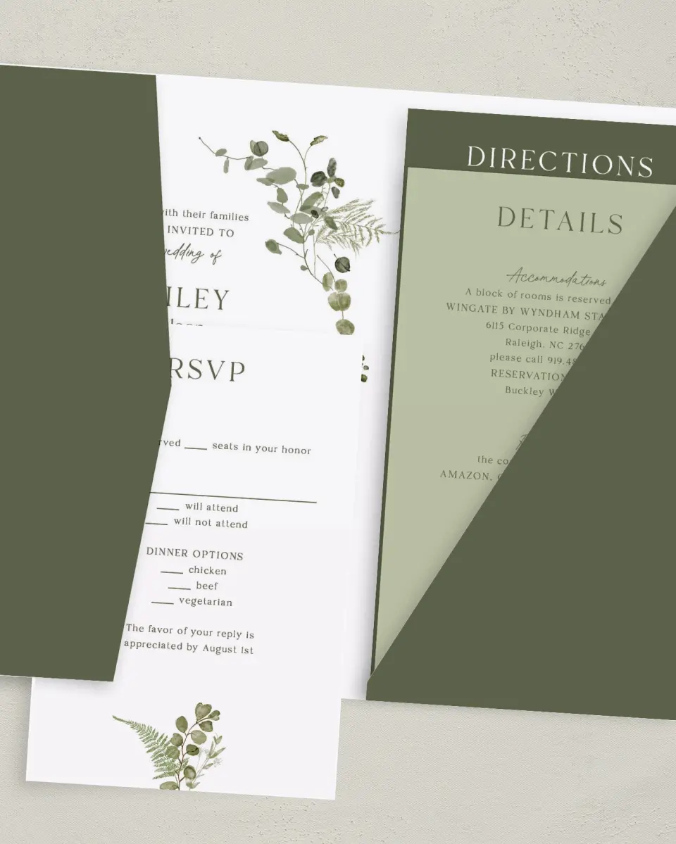 This is a 5" x 7⅞" Pocket Wedding Invitation called The Hailey printed in full color with Gold foil on Luxe Satin (coated) paper