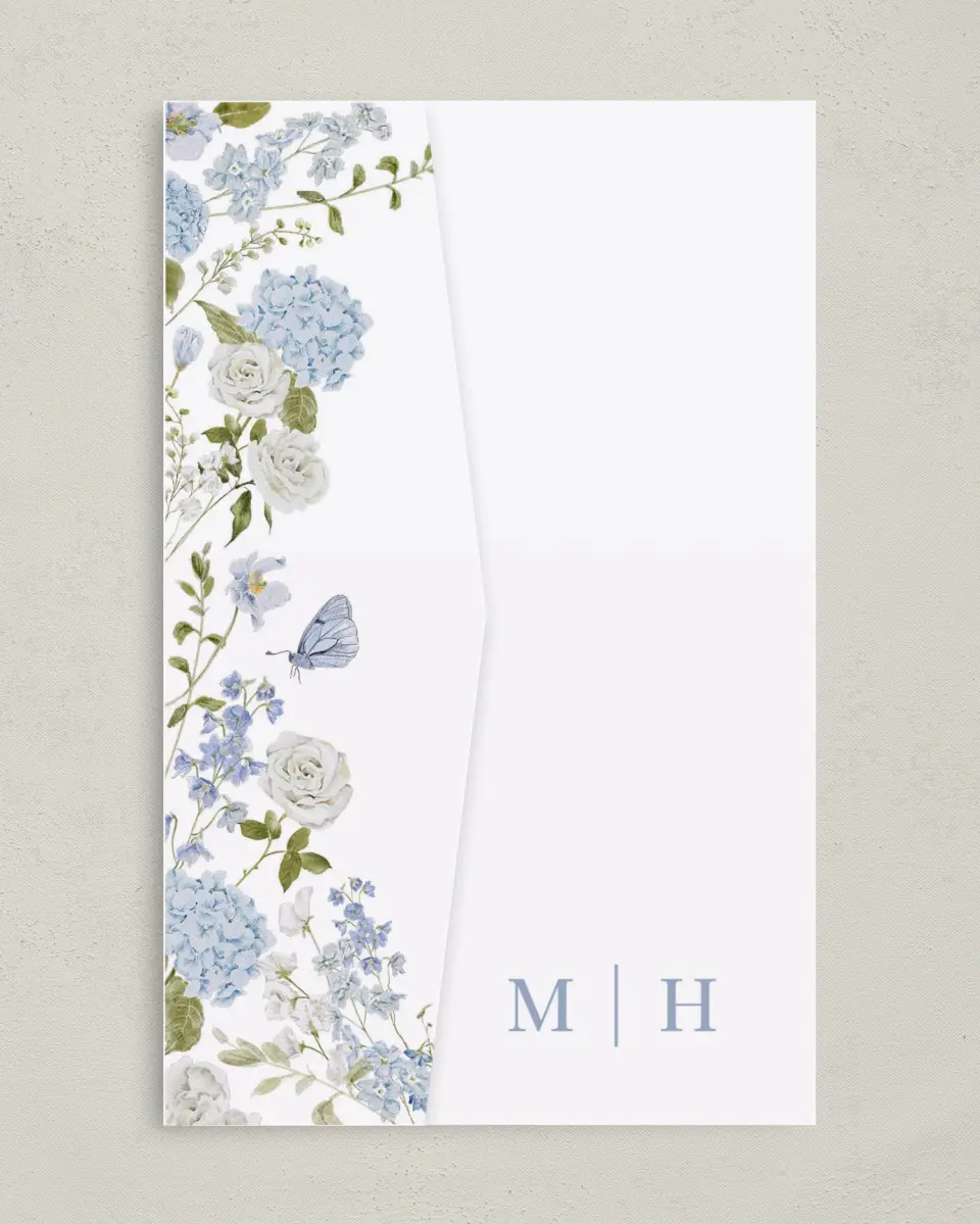 This is a 5" x 7⅞" Pocket Wedding Invitation called Blue Blossoms printed in full color on Premium Smooth paper