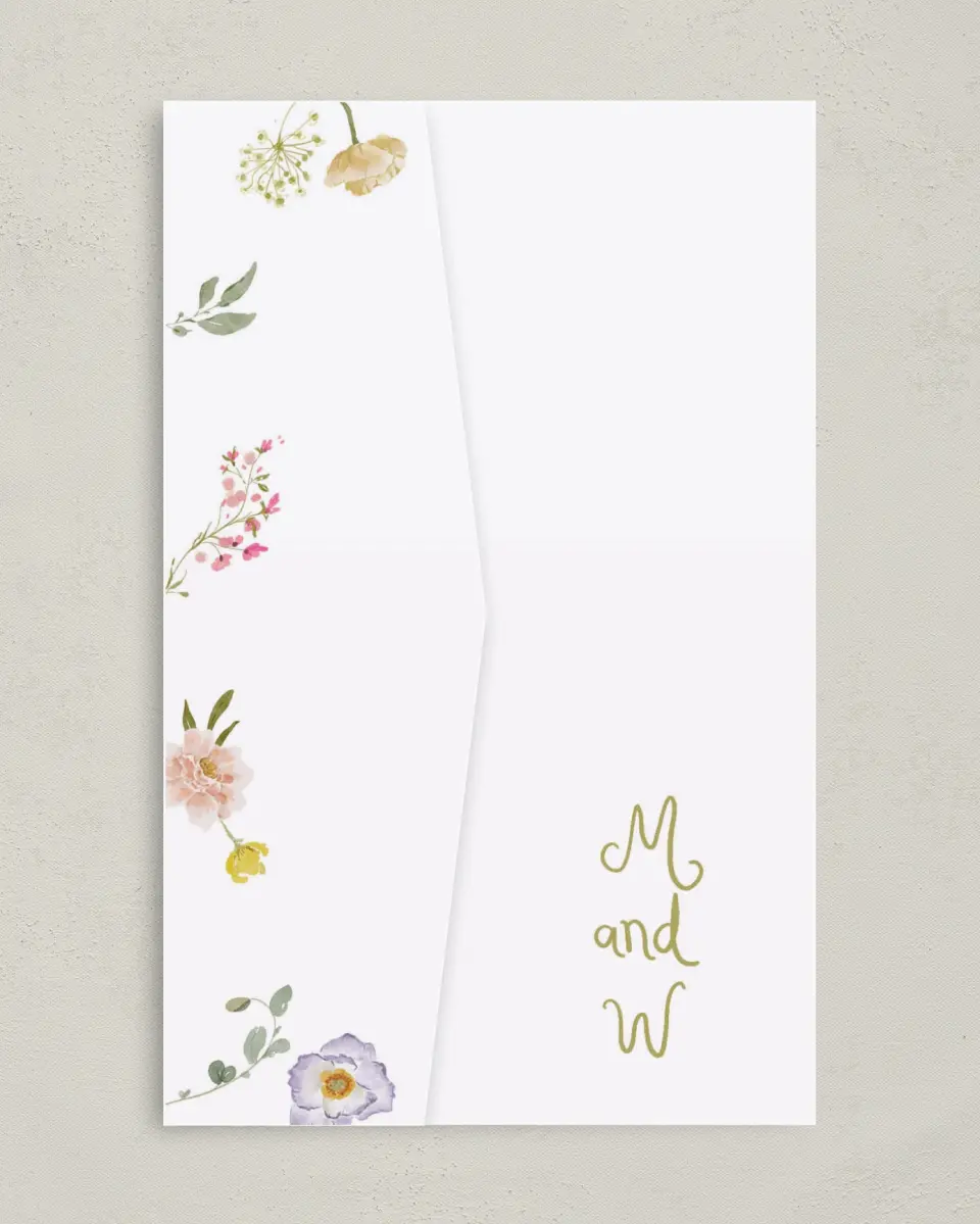 This is a 5" x 7⅞" Pocket Wedding Invitation called Whimsical Garden printed in full color on Premium Smooth paper