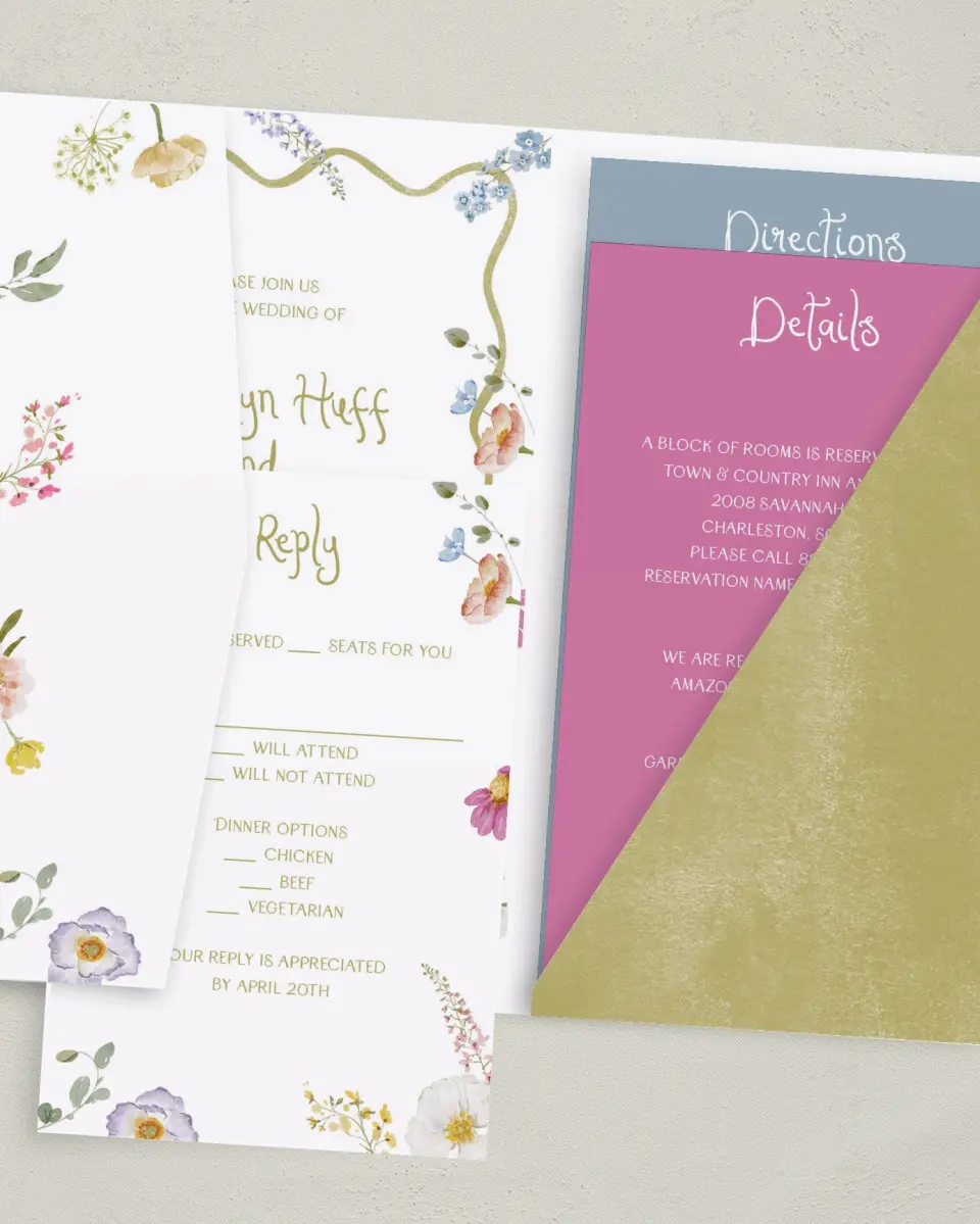 This is a 5" x 7⅞" Pocket Wedding Invitation called Whimsical Garden printed in full color with Gold foil on Luxe Satin (coated) paper